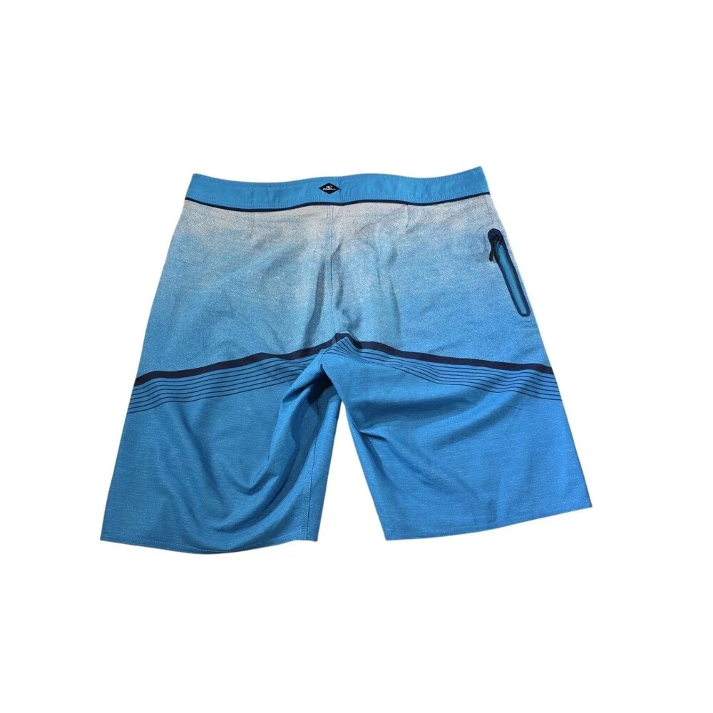 O'Neill Hyperfreak Board Shorts Mens Size 34 Blue Chevron Zip Pocket EUC 10